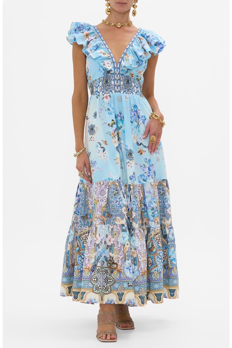 Al Manial Palace Memoirs Ruffle Neck Cotton Tiered Maxi Dress, Main, color, AL MANIAL PALACE MEMOIRS