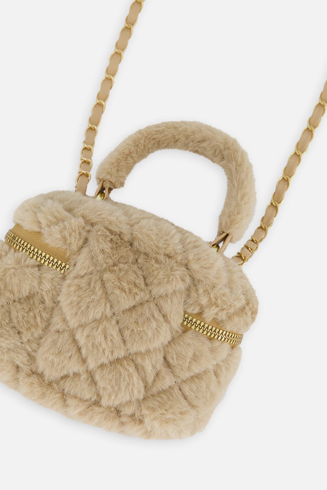Quilted Faux Fur Chain Strap Zipper Small Bag, Alternate, color, Beige