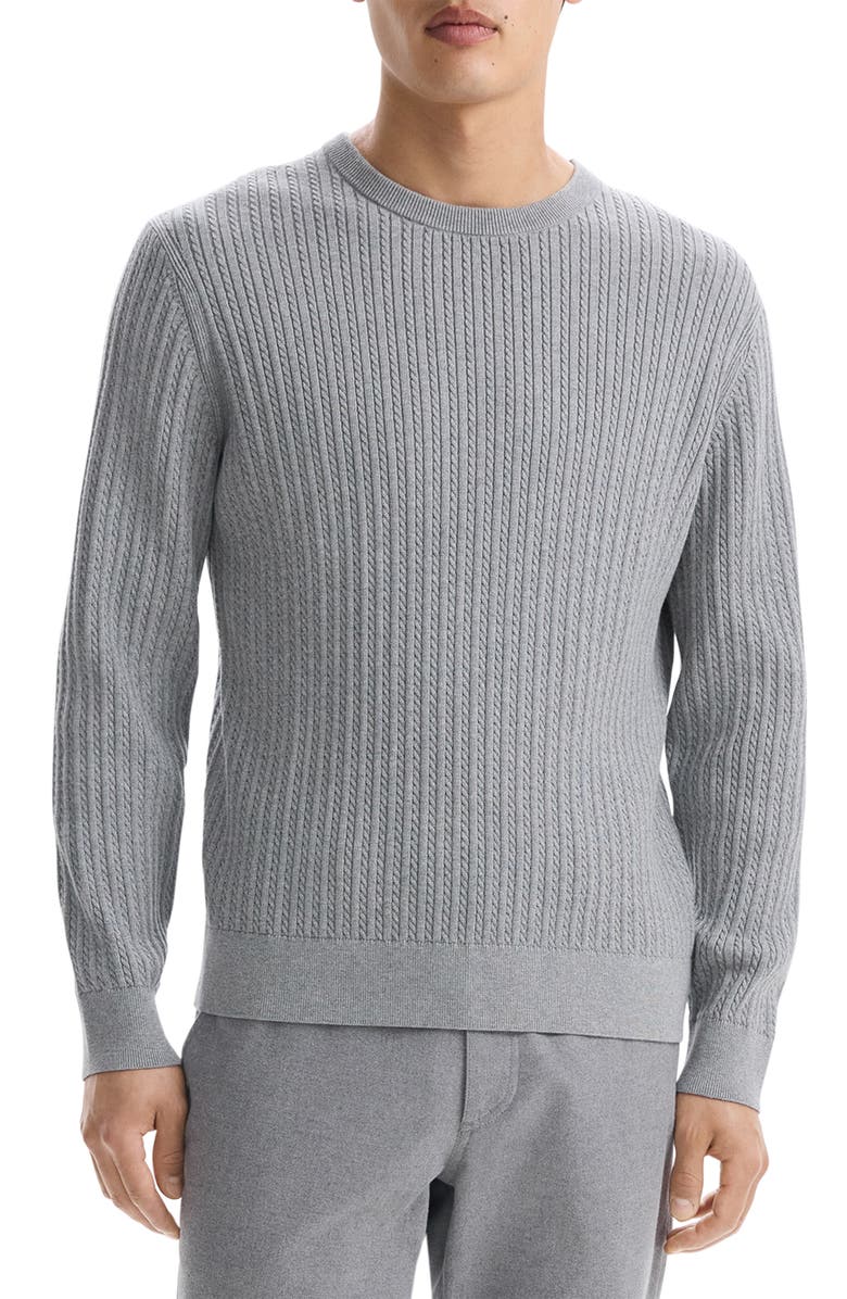Theory Riland Cabled Cotton Crewneck Sweater, Main, color, Medium Grey Heather