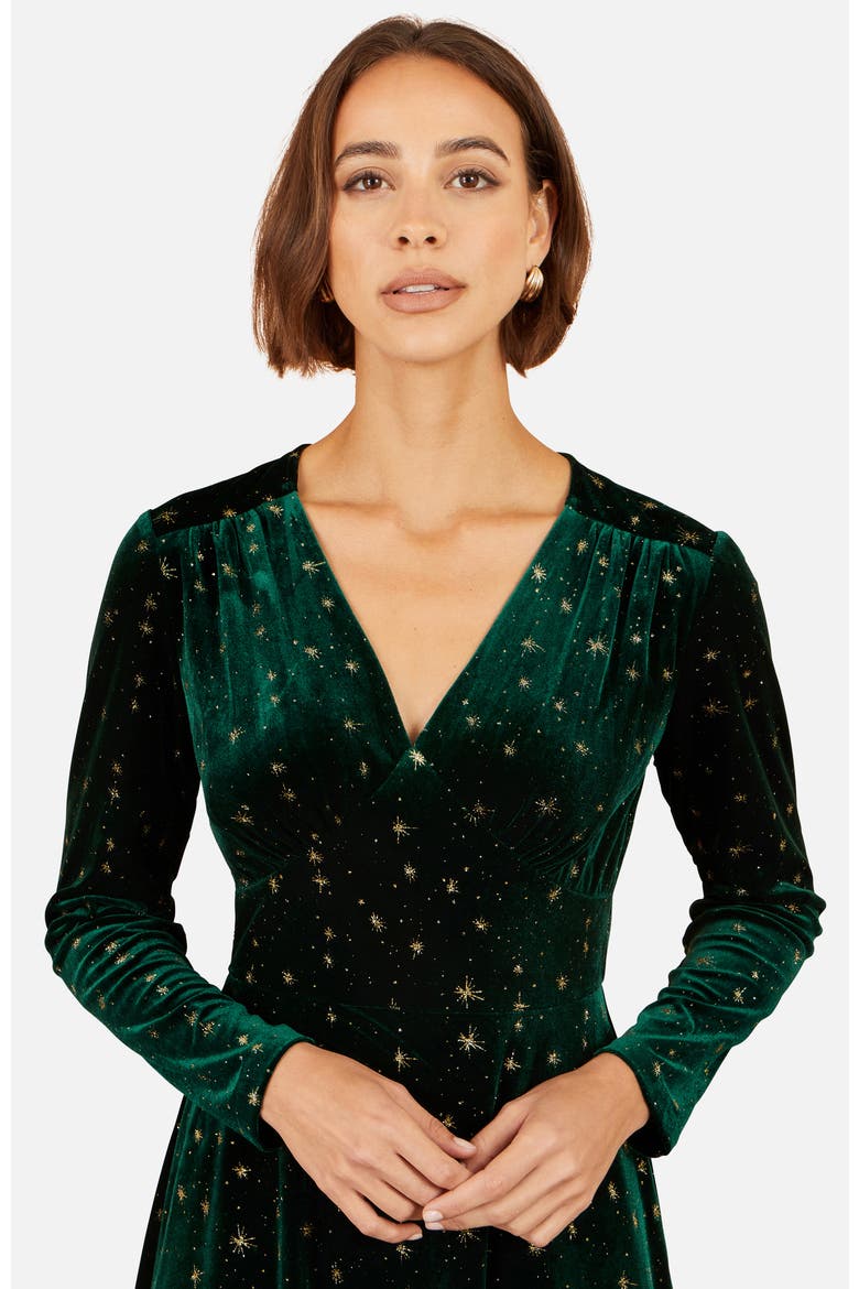 Foil Star Print Velvet Skater Dress, Alternate, color, Green