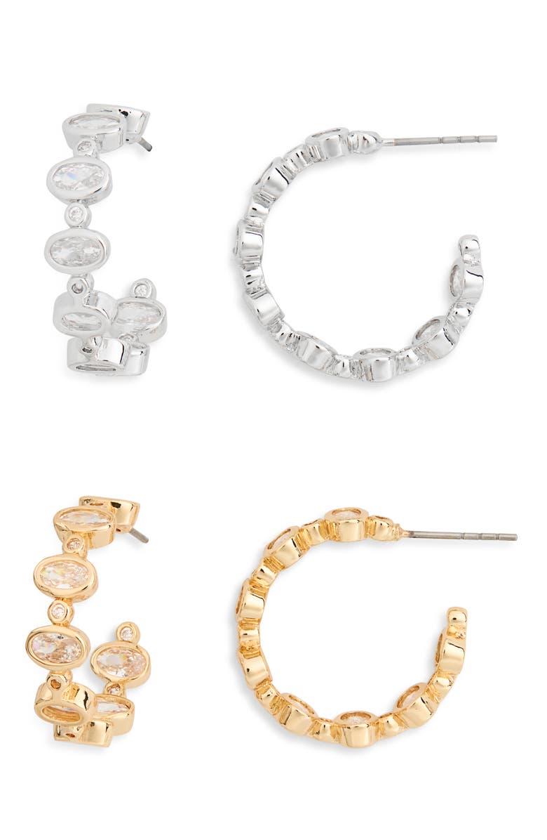 Tasha 2-Pack Bezel CZ Open Hoop Earrings, Main, color, Gold/ Silver