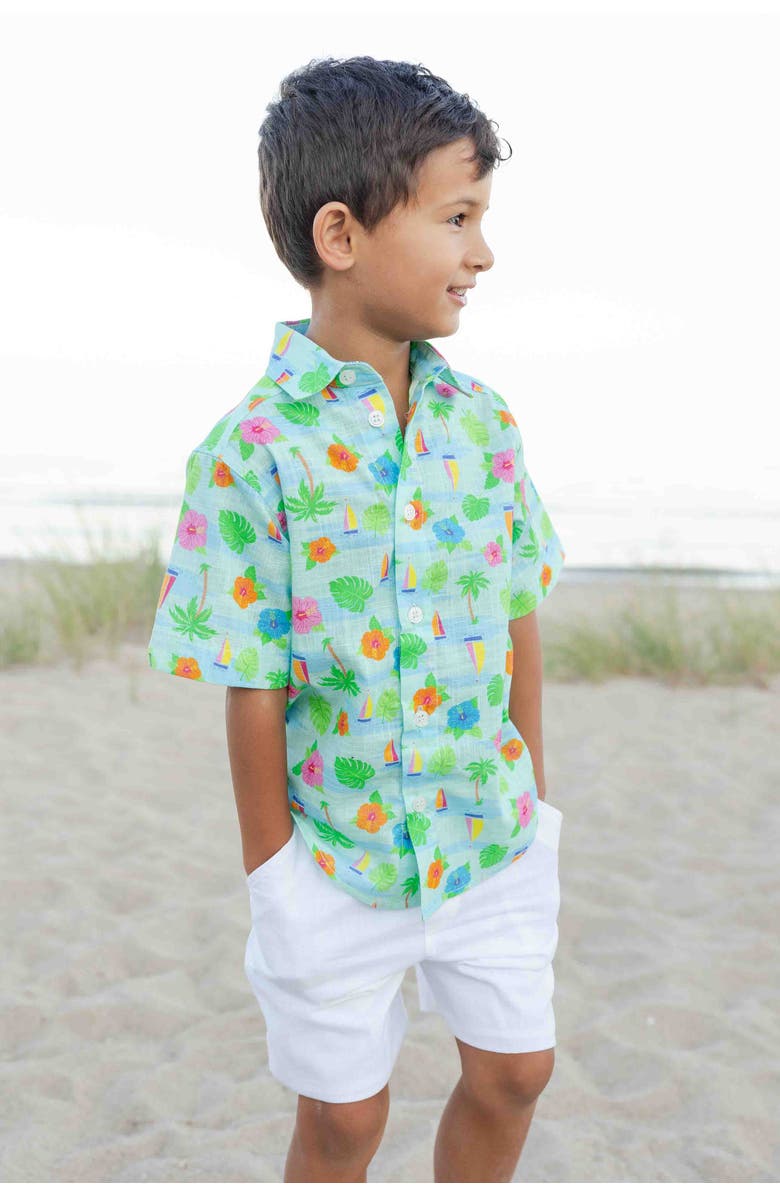 Florence Eiseman Printed Linen-Look Camp Shirt, Alternate, color, Blue/White