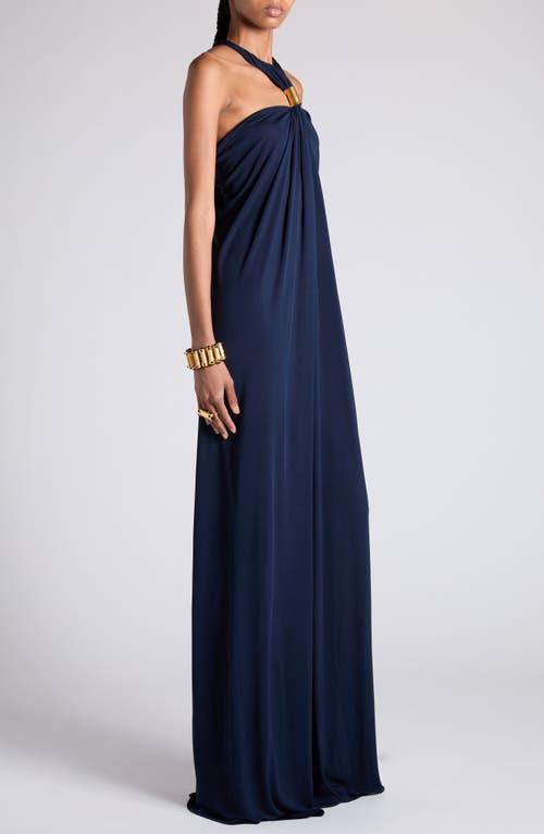 Shop Tom Ford Gathered Racerback Crepe Jersey Gown In Navy