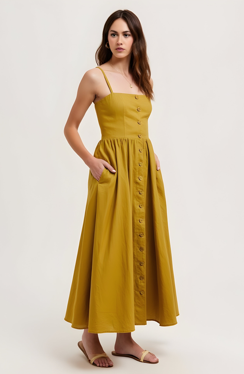 Modenaire Button Front Midi Dress With Spaghetti Straps And Side Pockets In Multi