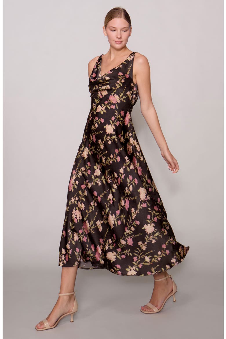 Print Satin Dress, Alternate, color, BLACK/ MULTI FLORAL