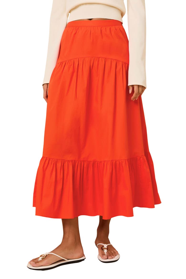 The Indra Tiered Stretch Cotton Skirt, Main, color, HABANERO