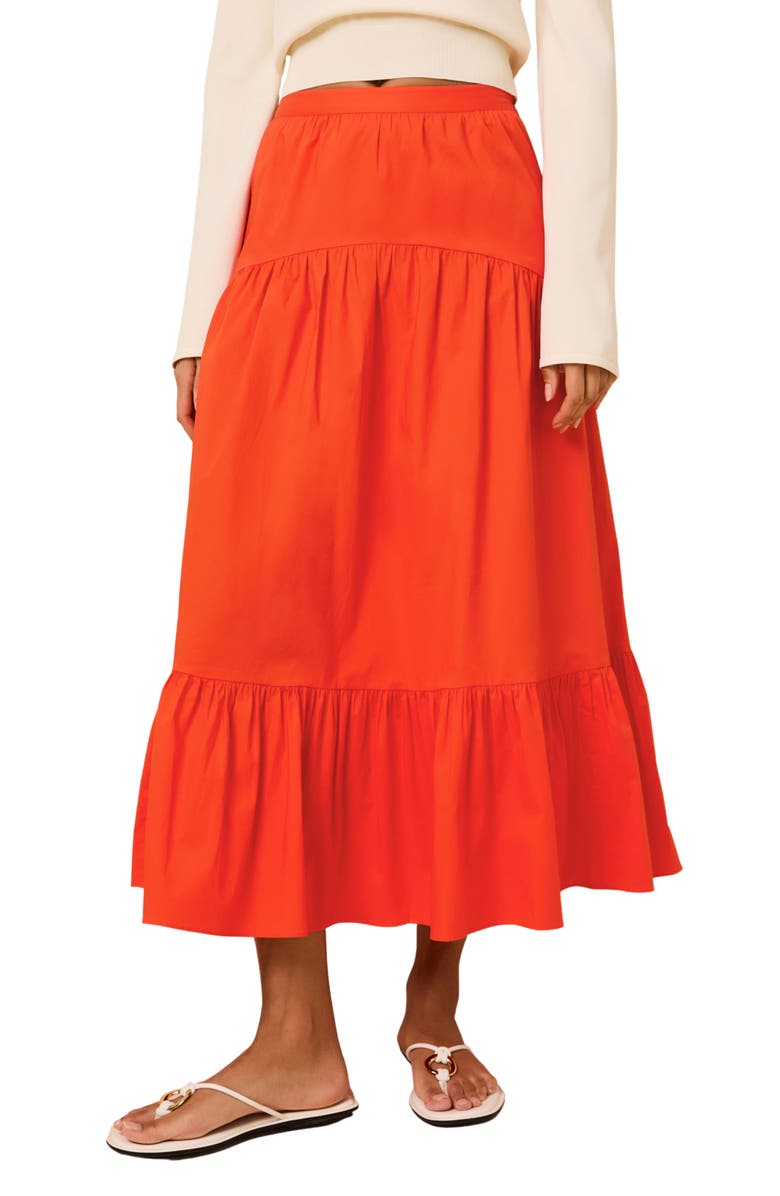 Solid & Striped The Indra Tiered Stretch Cotton Skirt, Main, color, Habanero