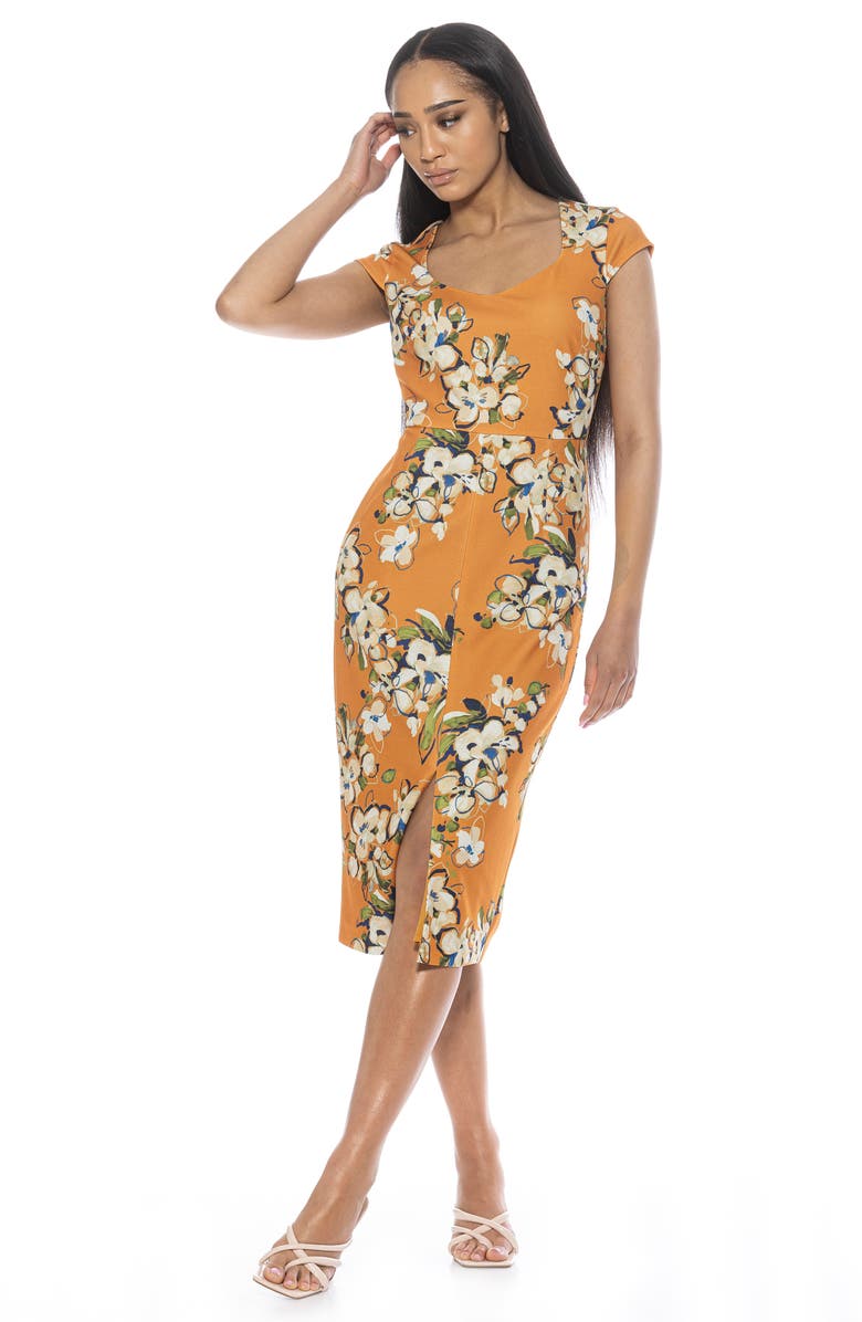 Alexia Admor Gia Sweetheart Neck Sheath Midi Dress, Alternate, color, Mustard Multi