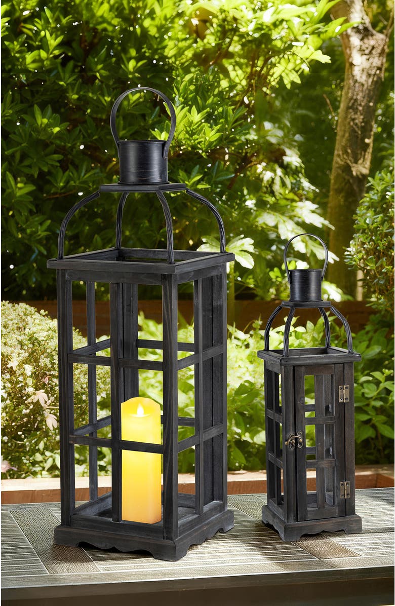 Glitzhome Set of 2 Farmhouse Vintage Wood & Metal Lanterns Candle Holders with Hanger, Alternate, color, Black