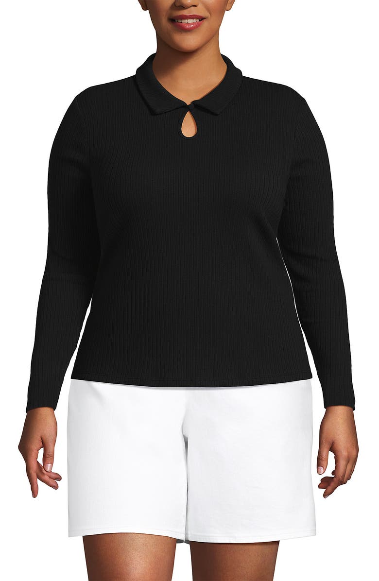 Lands' End Long Sleeve Pointelle Rib Keyhole Polo Top, Alternate, color, Black