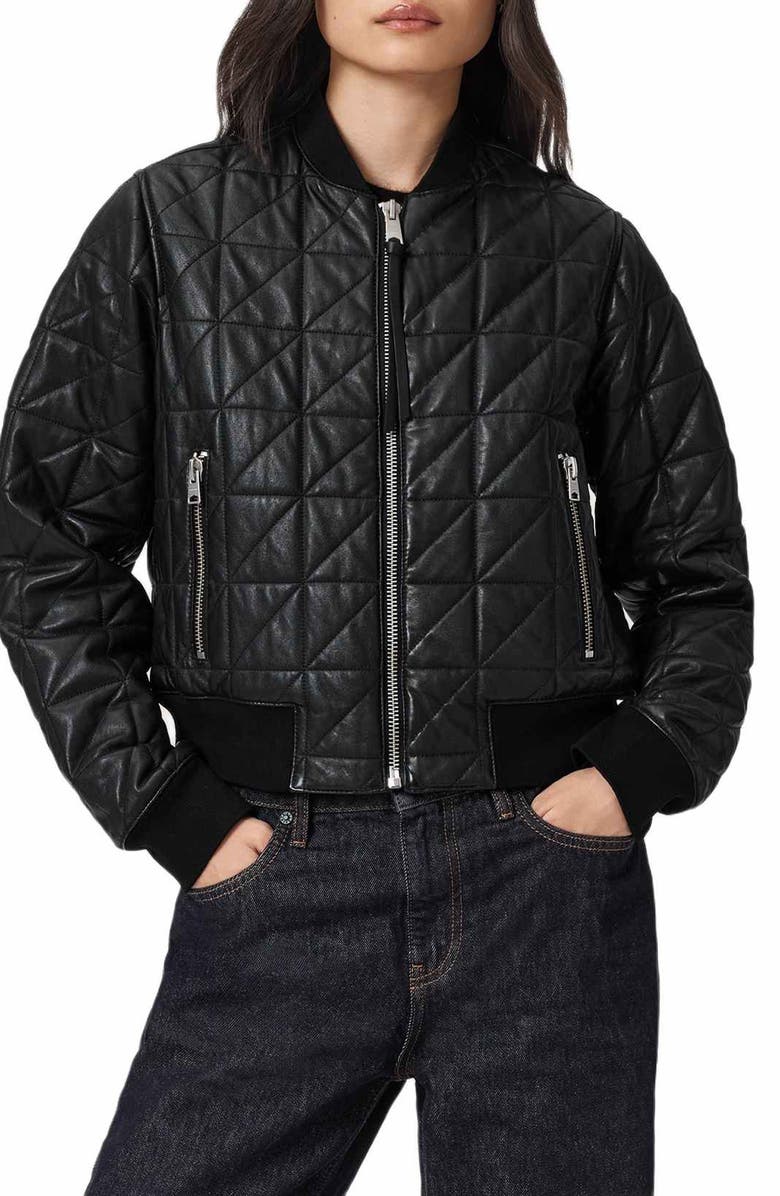 AllSaints Carly Quilted Leather Bomber Jacket, Main, color, Black
