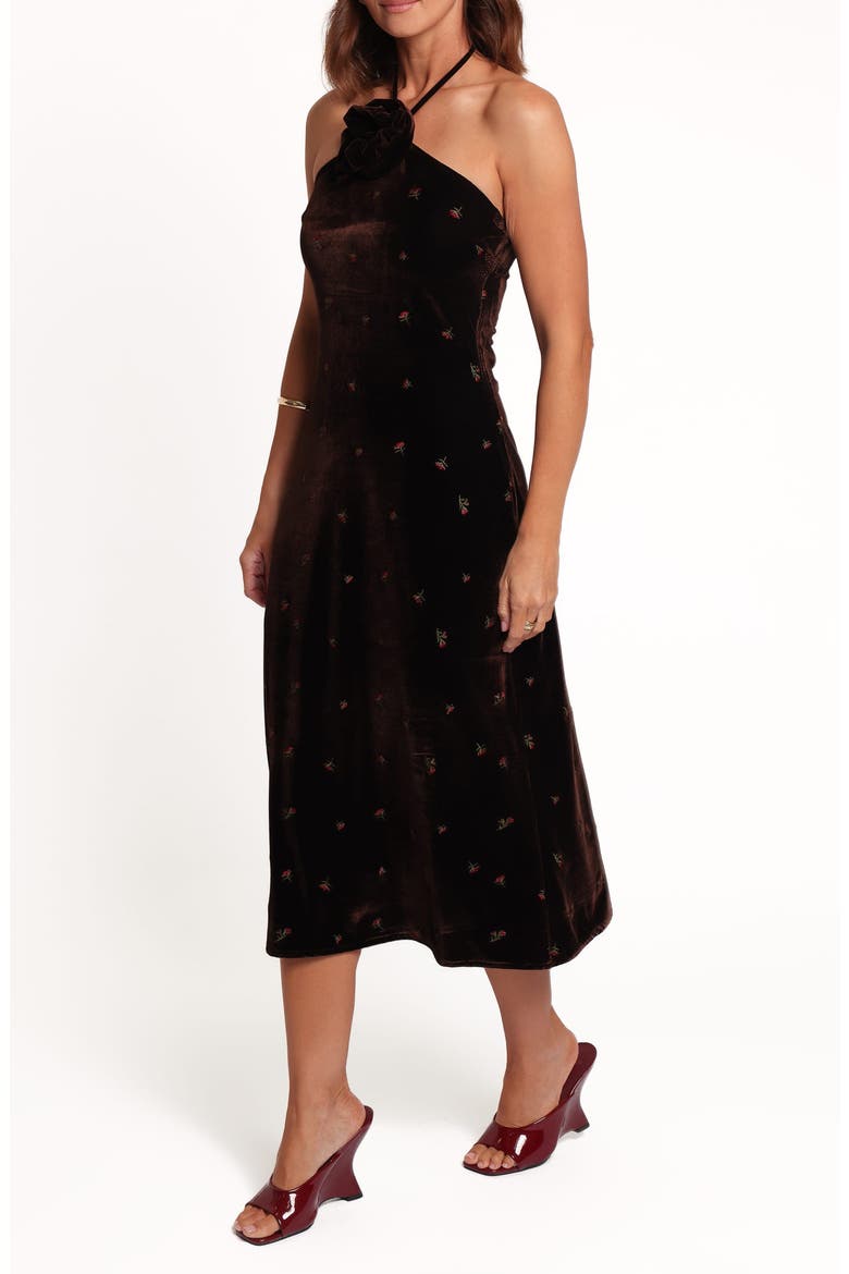 Enrique Halter Neck Velvet Midi Dress, Alternate, color, BROWN FLORAL