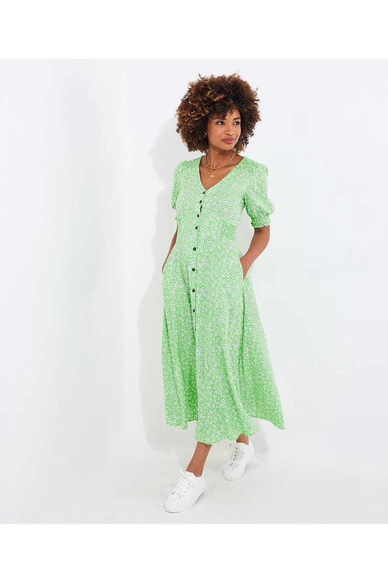 Puff Sleeve Midi Dress, Main, color, GREEN DITSY DAISY