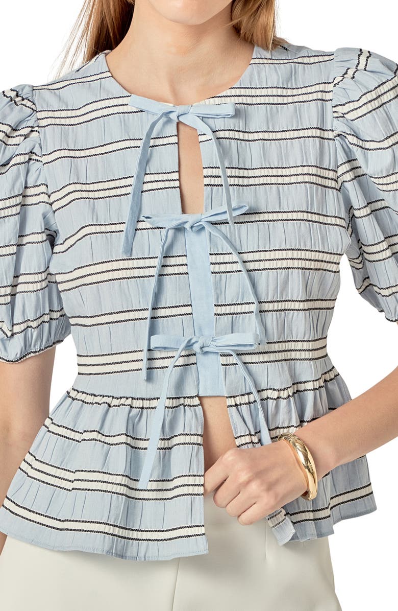 English Factory Bow Detail Puff Sleeve Peplum Top, Alternate, color, Powder Blue Multi