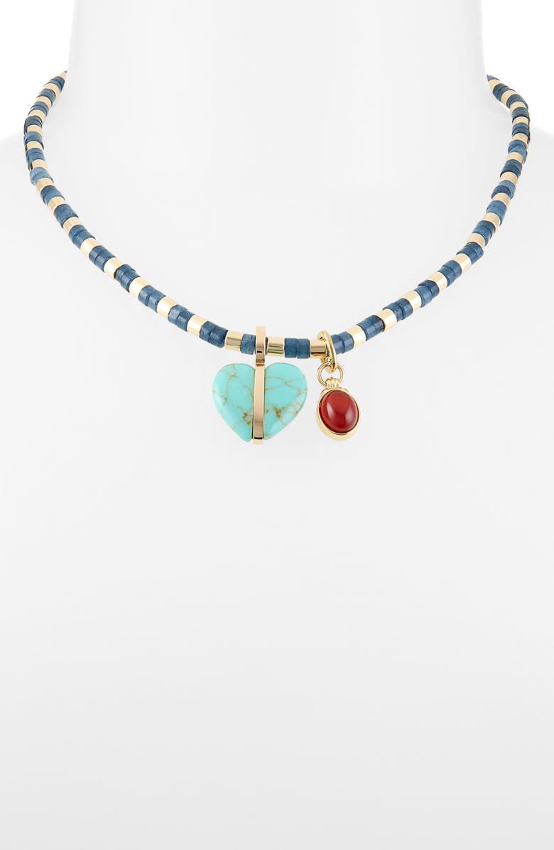 ROXANNE ASSOULIN Semi Heishi Bead & Charm Necklace, Alternate, color, Gold/ Denim/ Turq/ Carnelian