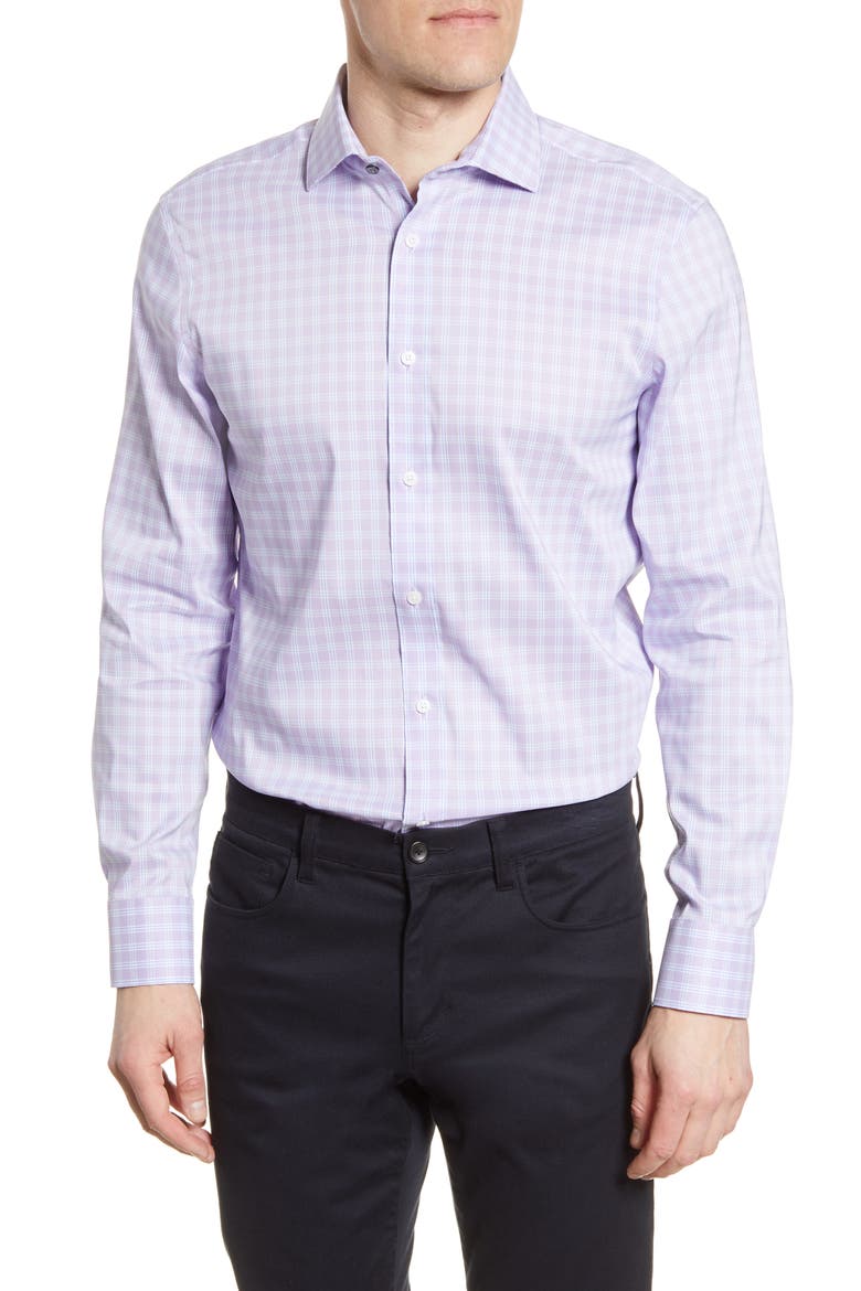 Slim Fit Stretch Non-Iron Plaid Dress Shirt, Main, color, LAVENDER