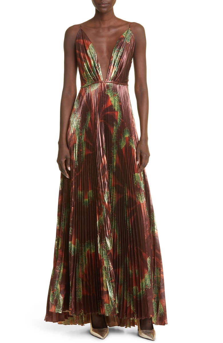 Johanna Ortiz Western Gardens Metallic Pleated Maxi Dress, Main, color, 