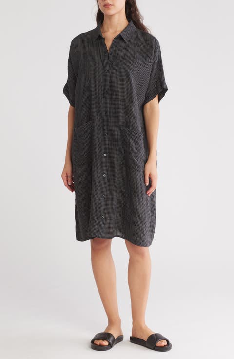 Check Print Linen Blend Shirtdress