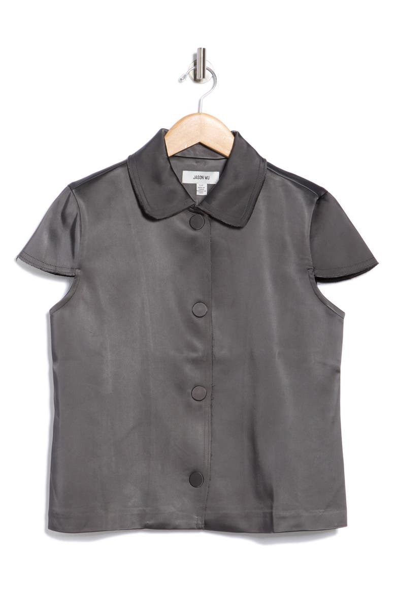 JASON WU Collar Short Sleeve Satin Button-Up Shirt, Alternate, color, Carbon