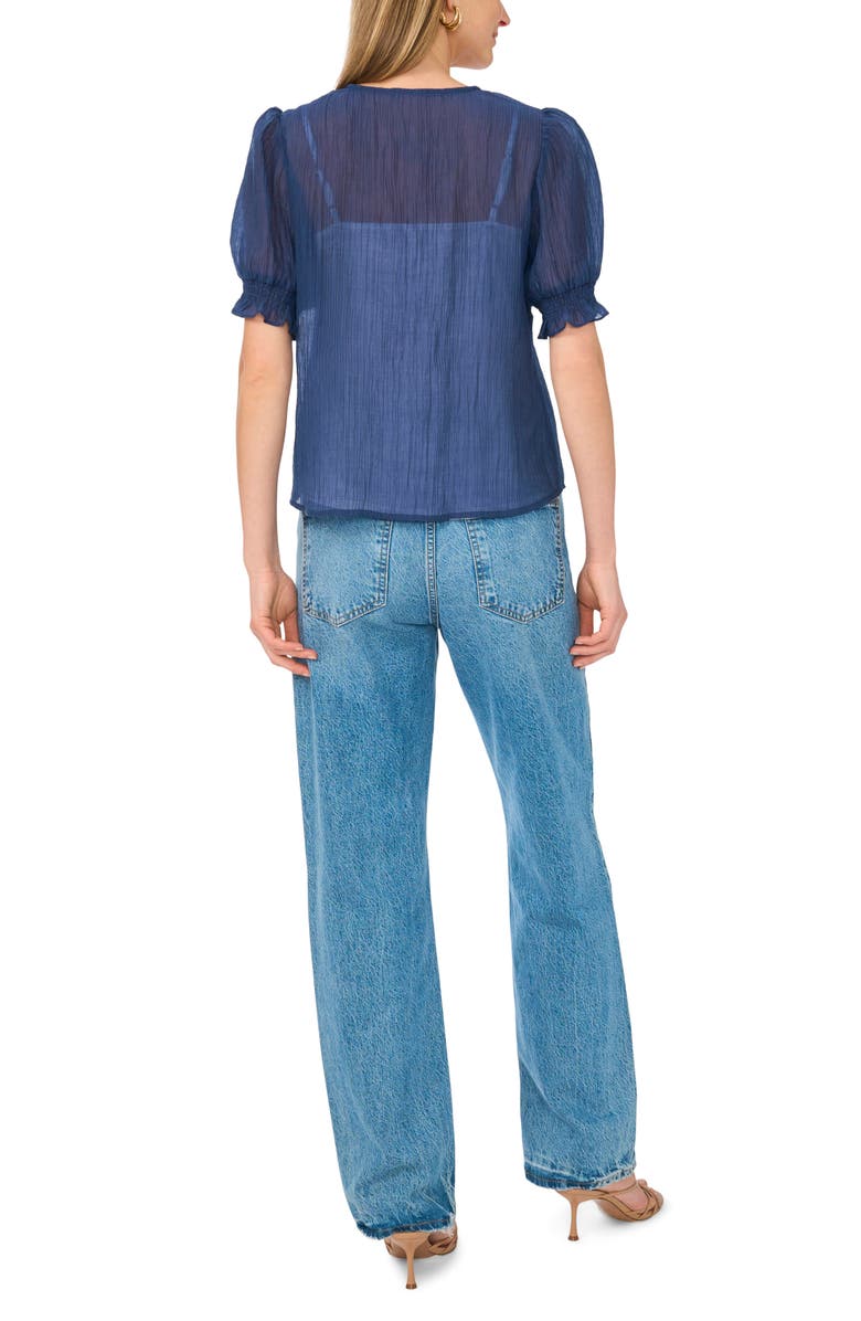 Vince Camuto Pintuck V-Neck Puff Sleeve Top, Alternate, color, Navy