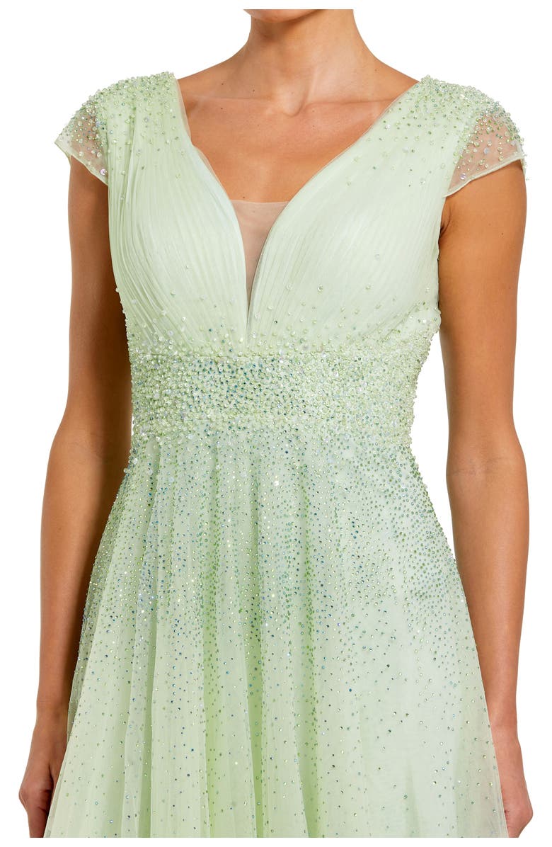 Mac Duggal Embellished Tullle Cap Sleeve V Neck Evening Gown, Alternate, color, Sage