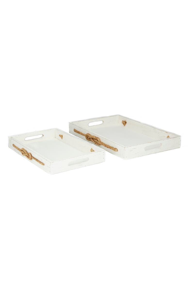 WILLOW ROW Wood Tray with Rope Accent - Set of 2, Main, color,