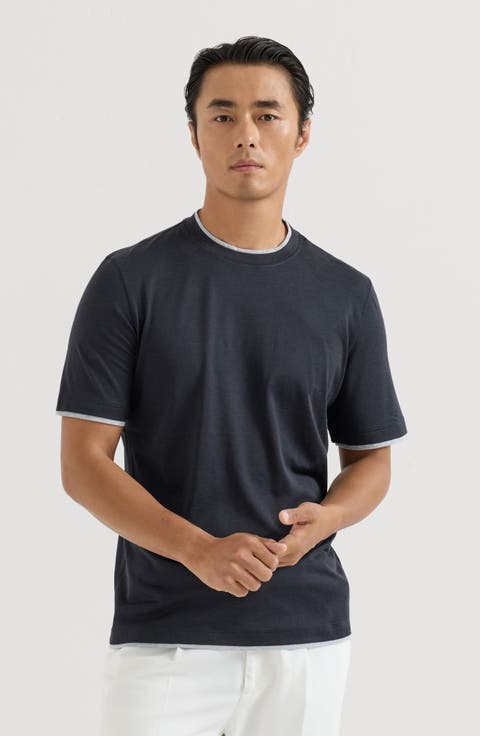Silk and cotton lightweight jersey crew neck T-shirt with faux-layering