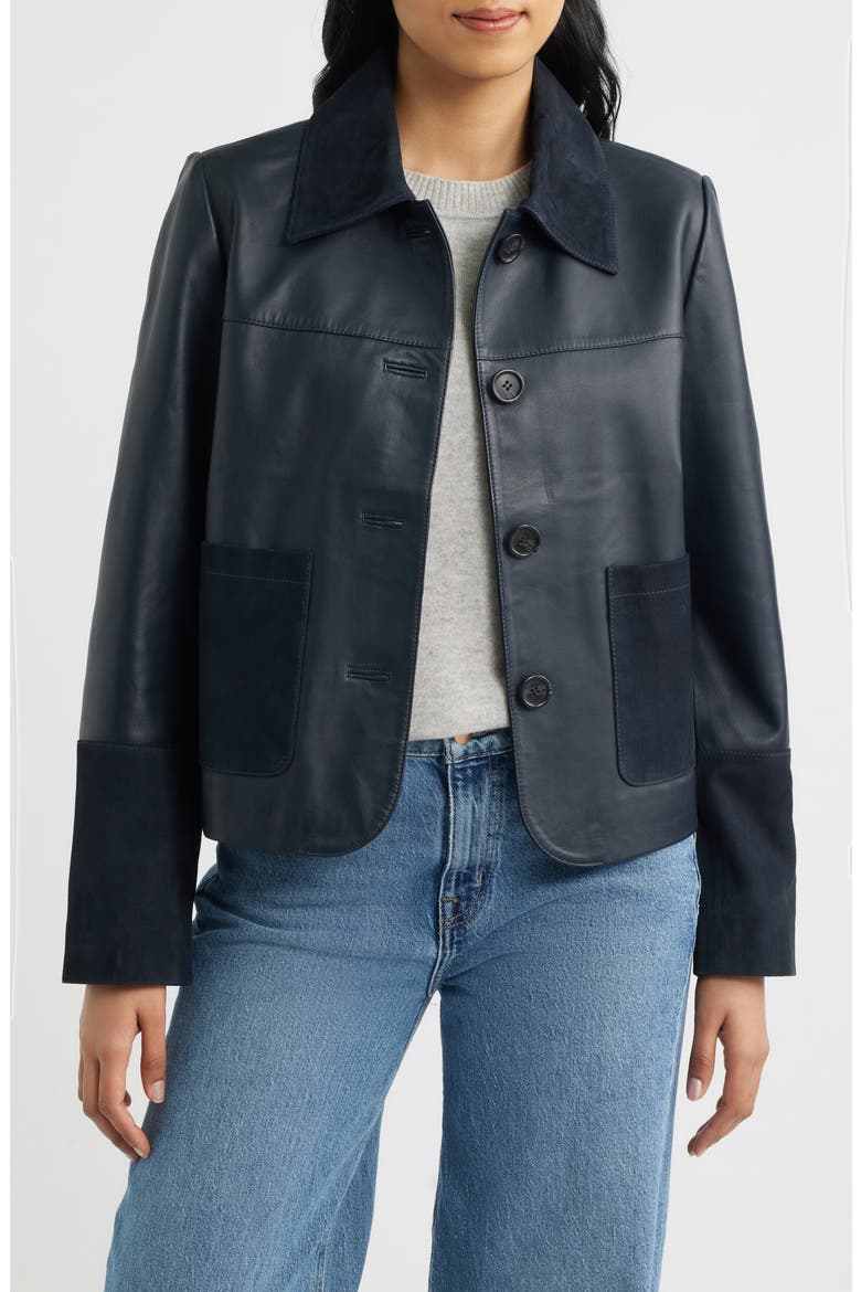 Short Mixed Media Leather Jacket, Main, color, NAVY