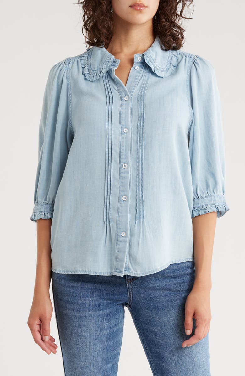 Democracy Three-Quarter Sleeve Ruffle Button-Up Shirt, Main, color, Powder Blue