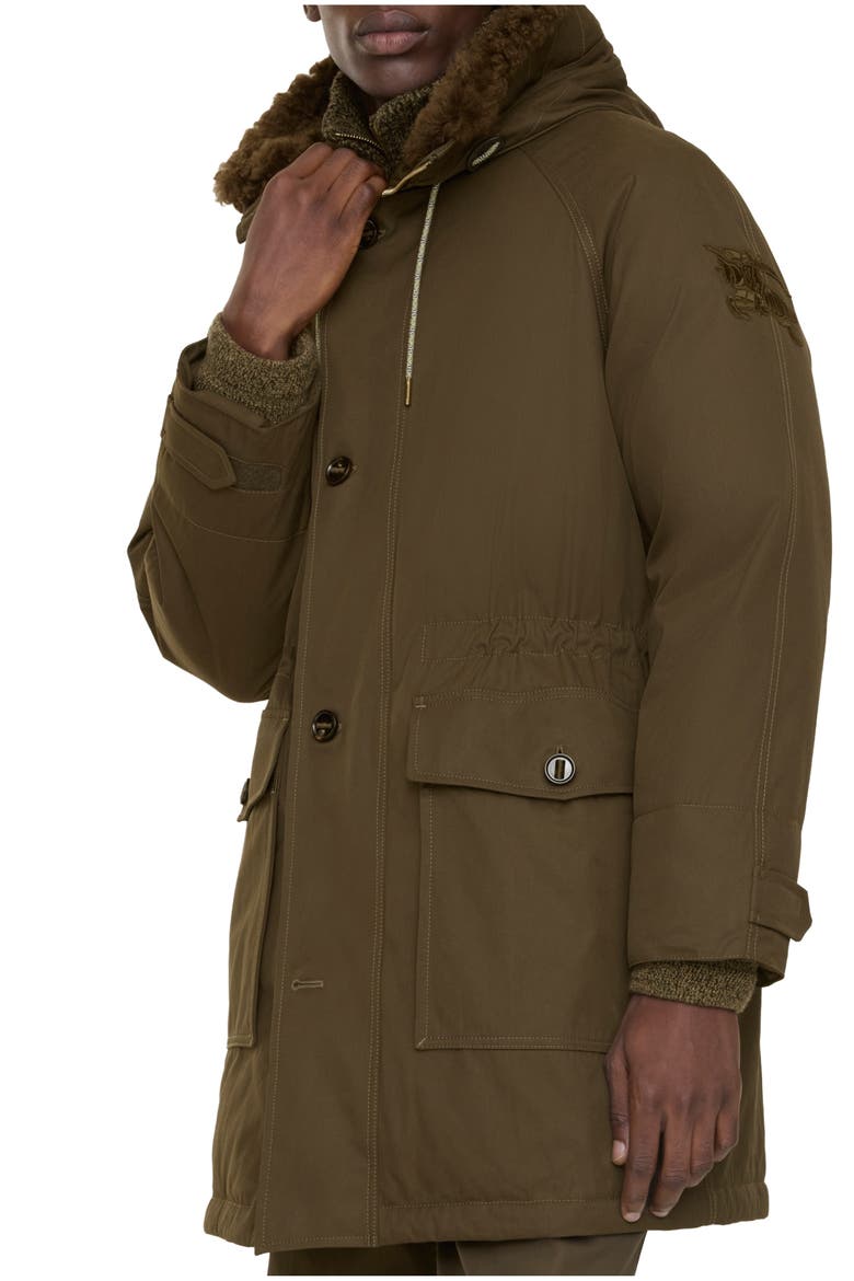 Shearling Trim Gabardine Parka, Main, color, Juniper green