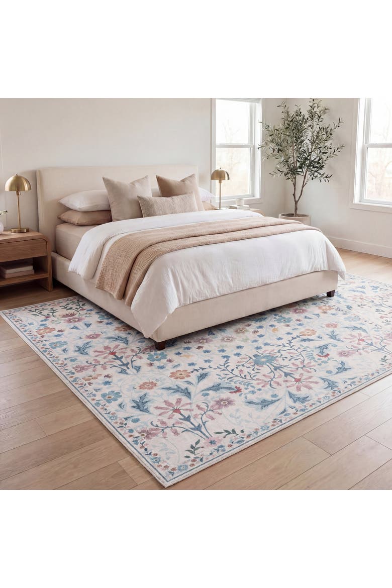 Primrose Art Nouveau Floral Border Non-Slip Machine-Washable Area Rug, Alternate, color, Cream/Turquoise