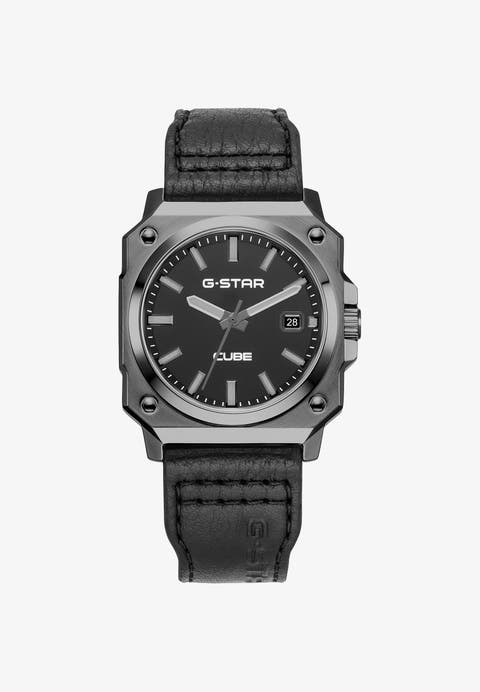 Cube - 41mm, Black Dial, Black Leather Strap, Black Square Stainless Steel Watch