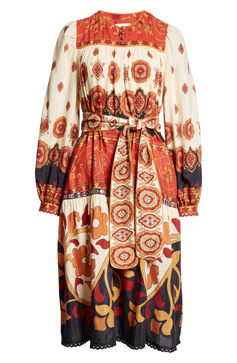 FARM Rio Ainika Tiles Tie Waist Long Sleeve Midi Dress, Alternate, color, Ainika Tiles Cream