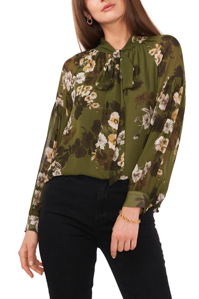 Floral Print Tie Neck Blouse, Main, color, LIGHT OLIVE