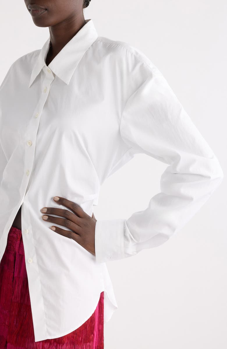 Dries Van Noten Pleated Belted Cotton Button-Up Shirt, Alternate, color, White