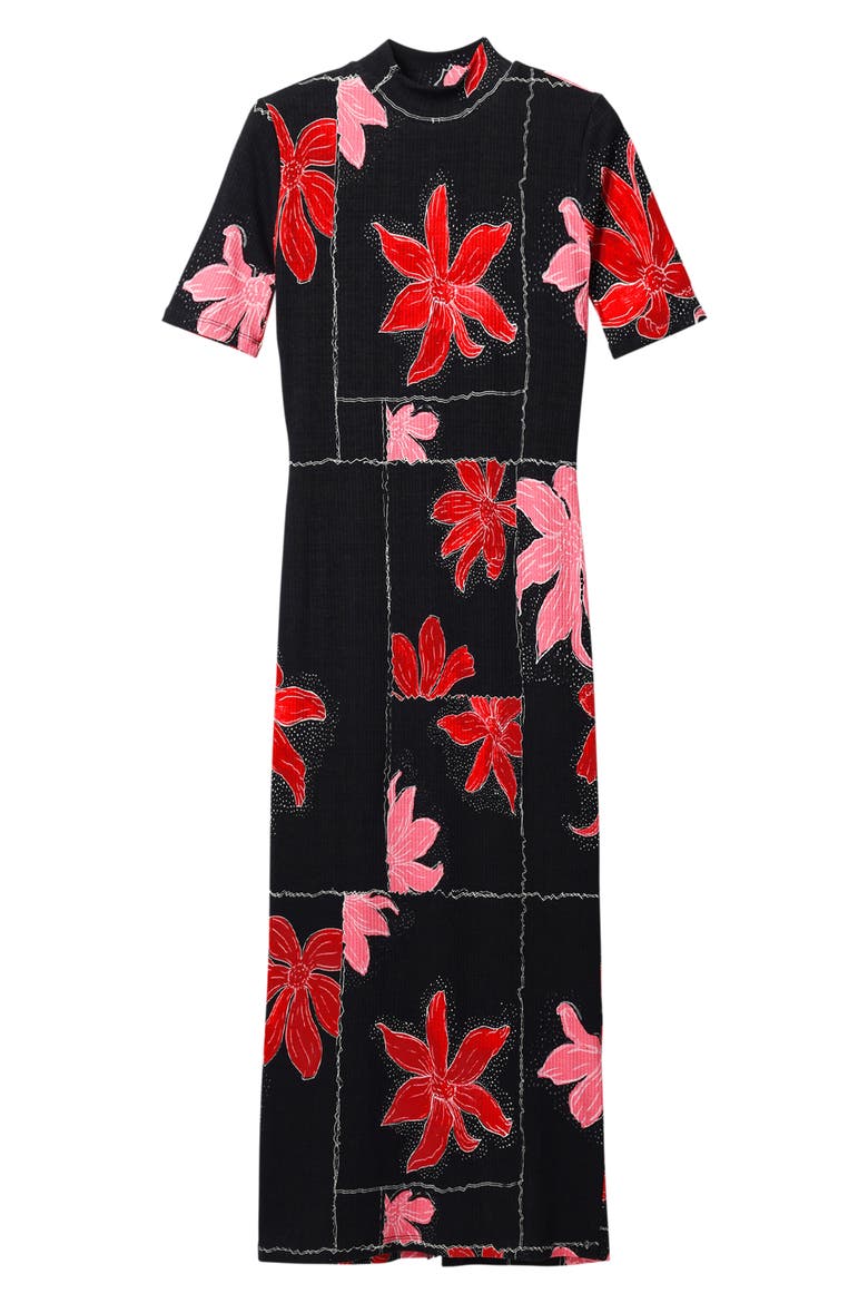 Floral Ribbed Midi Dress, Alternate, color, RED