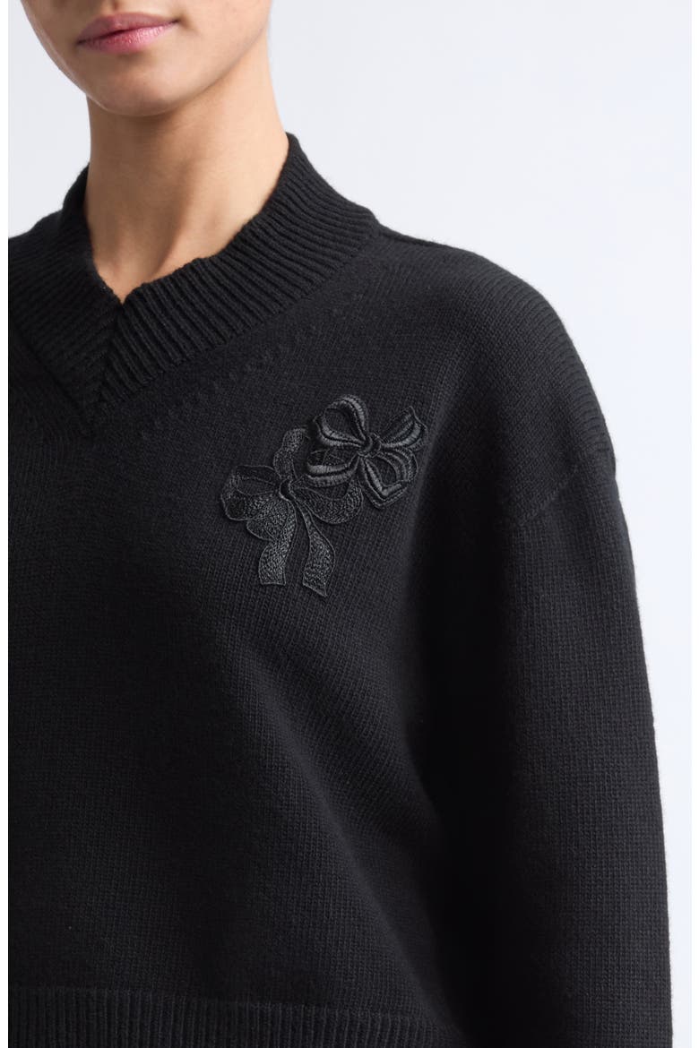 Drusilla Embroidered Bow Wool Sweater, Alternate, color, BLACK