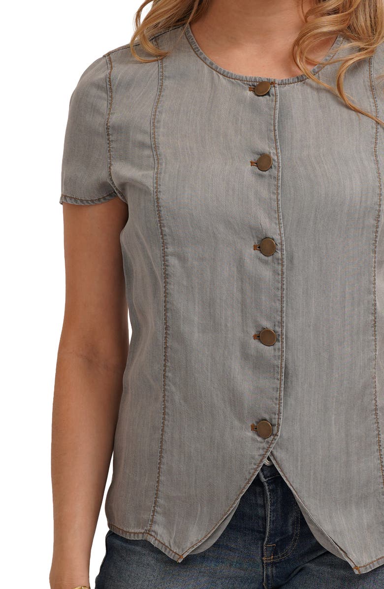 CYRUS Short Sleeve Button Front Top, Alternate, color, Light Grey Denim