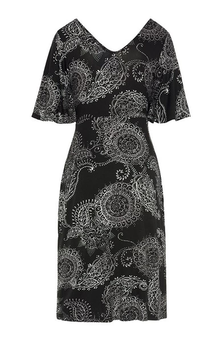 LASCANA Women's Belted Asymmetrical Dress, Alternate, color, Black Printed