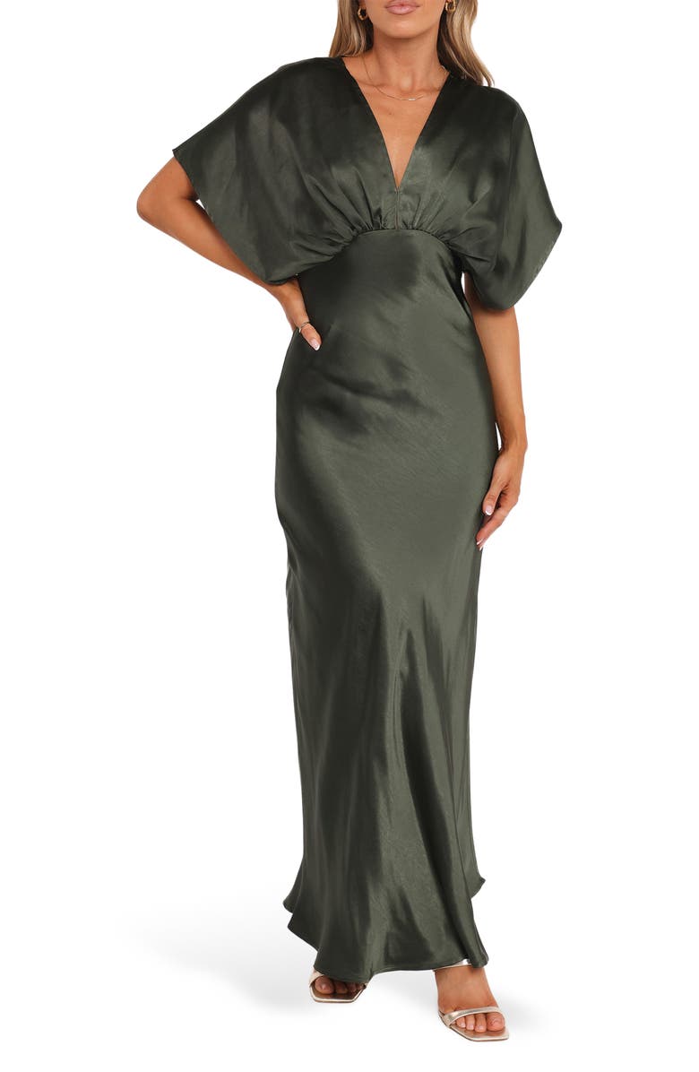 Petal & Pup Ricki Satin Gown, Main, color, Olive Green