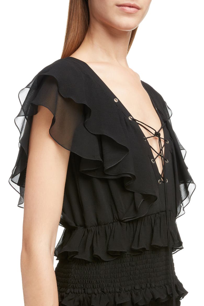 Smocked Silk Ruffle Minidress, Alternate, color, NOIR