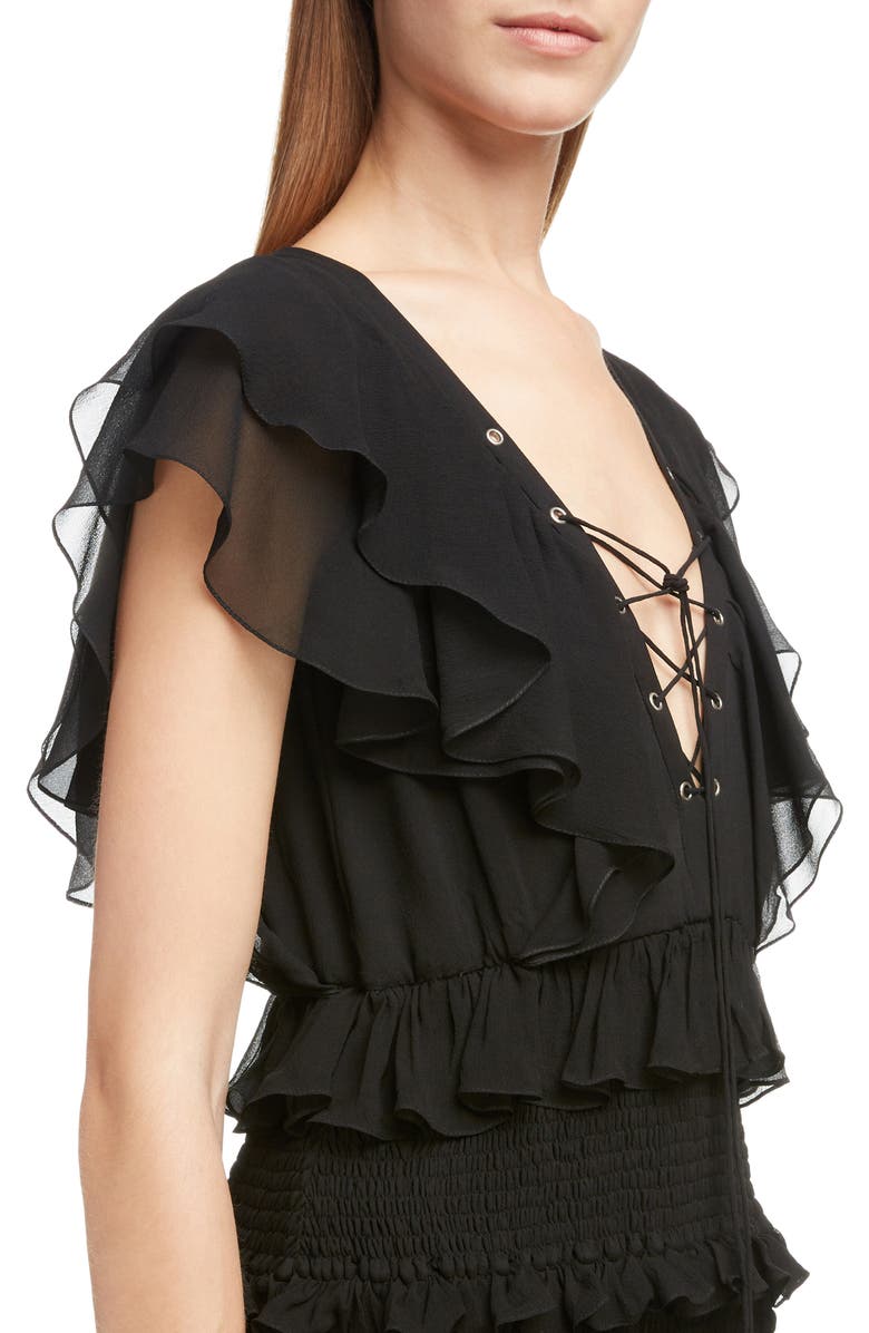 Saint Laurent Smocked Silk Ruffle Minidress, Alternate, color,