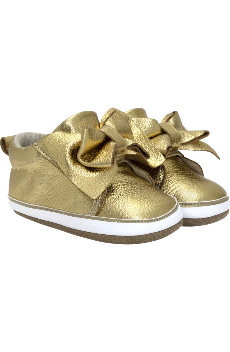 Robeez<sup>®</sup> Kids' Aria Metallic Bow Leather Crib Shoe, Main, color, Gold