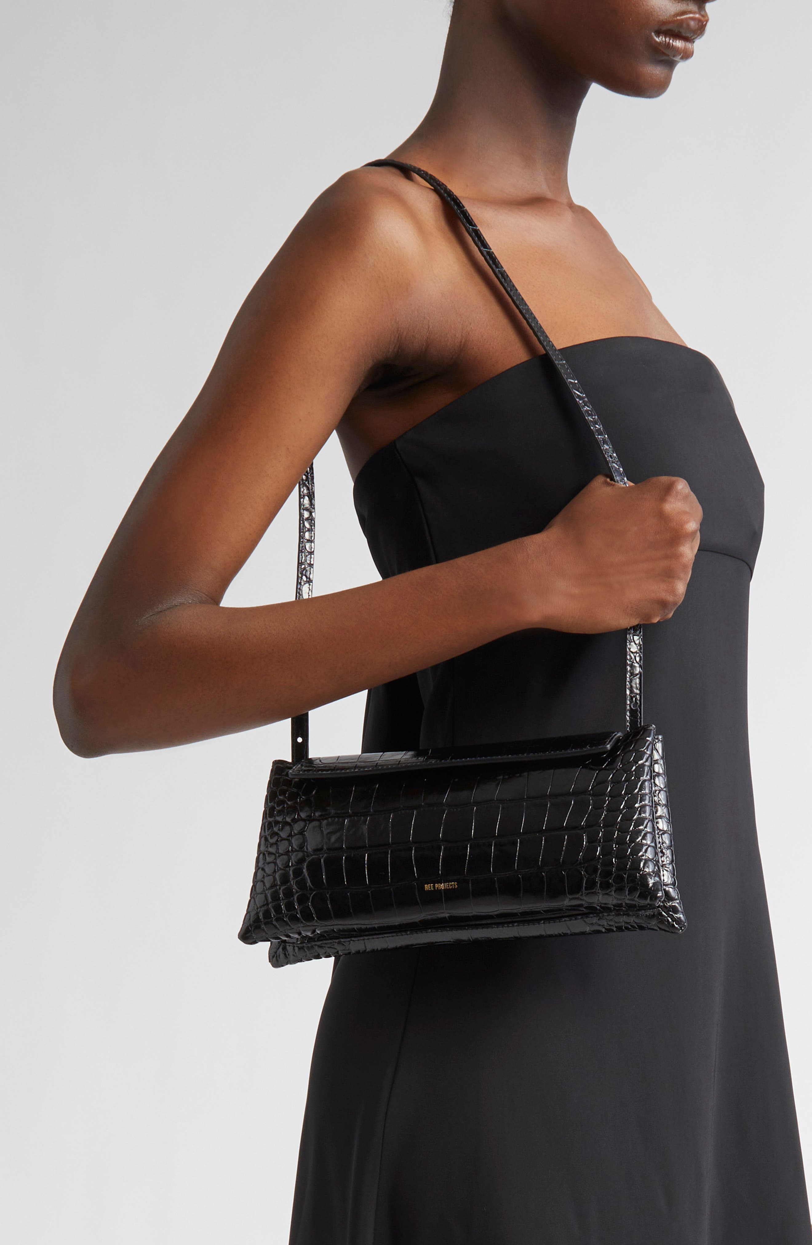 Ree Projects Elieze Croc Embossed Patent Leather Clutch, Alternate, color, Black