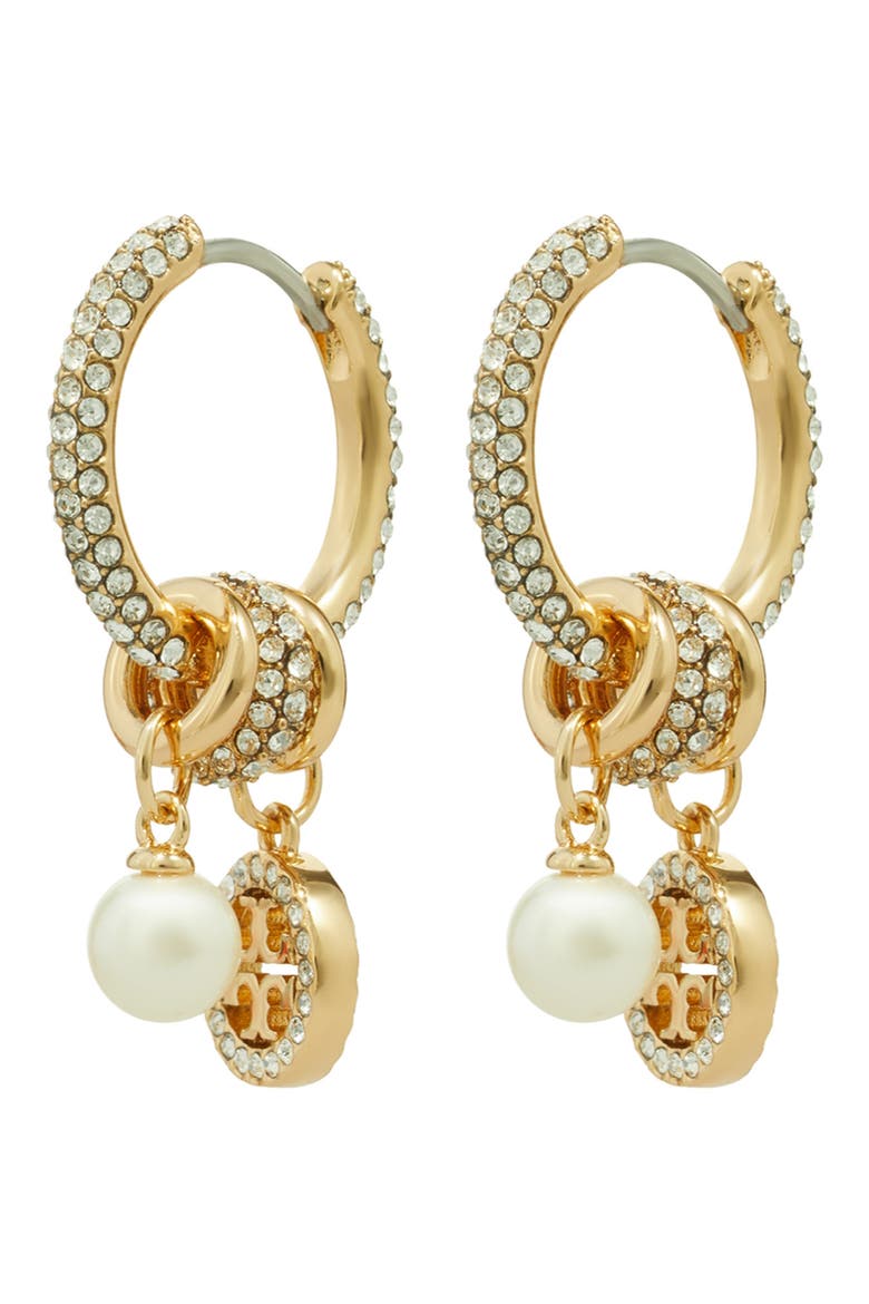 Icon Pavé Hoop Charm Earrings, Main, color, TORY GOLD / CRYSTAL / PEARL