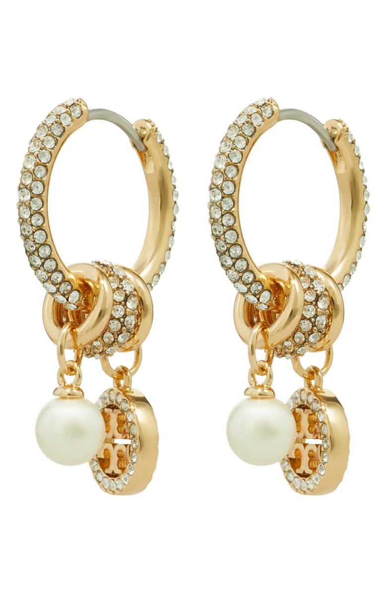 Tory Burch Icon Pavé Hoop Charm Earrings, Main, color, Tory Gold / Crystal / Pearl