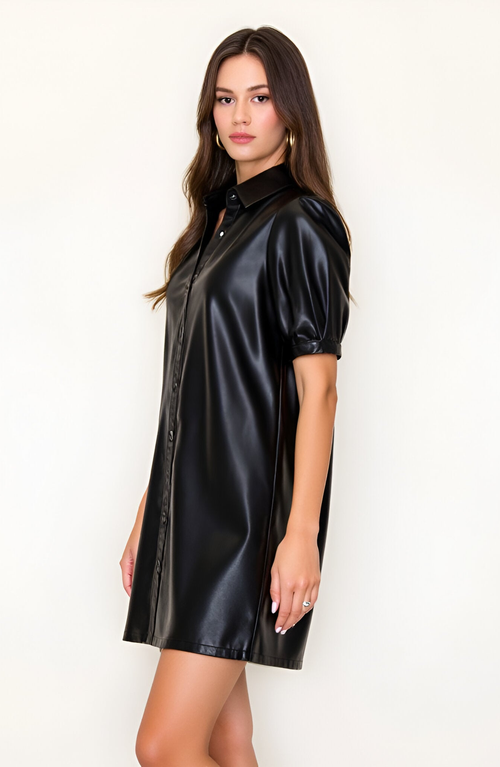 Modenaire Faux Leather Shirt Dress With Puff Sleeves And Button Front In Black