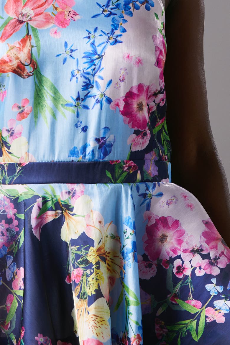 Cross Neck Printed Frill Skirt Dress, Alternate, color, Navy