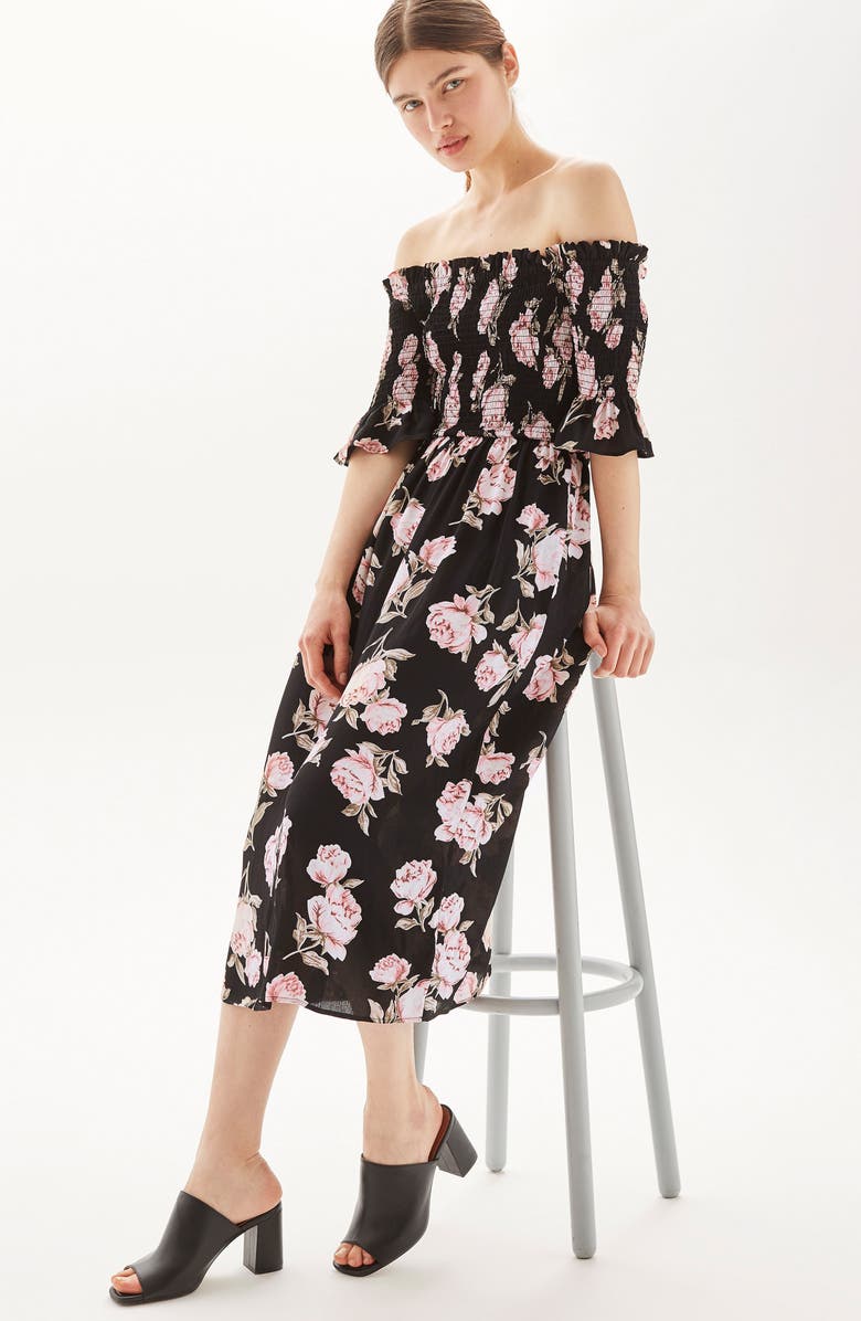 Topshop Bardot Rose Midi Dress, Alternate, color, 