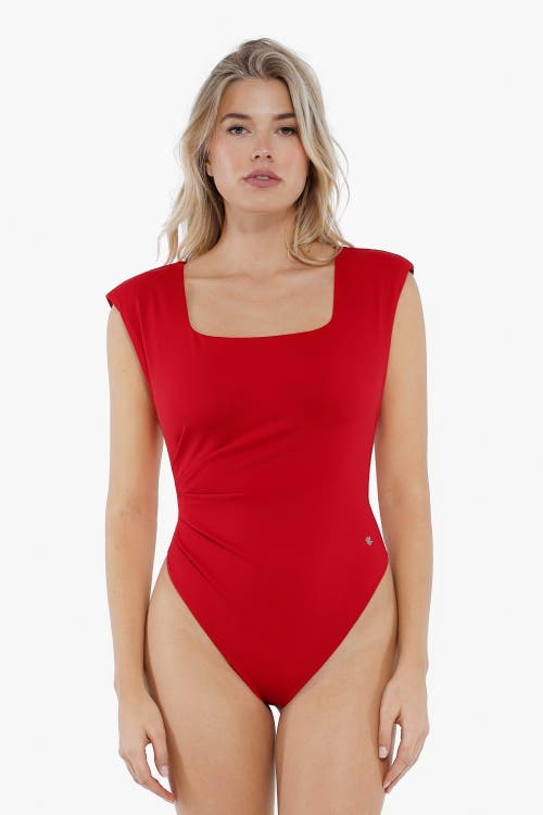 Popilush Shapewear Square Neck Padded Shoulder Slimming Bodysuit In Rust Red